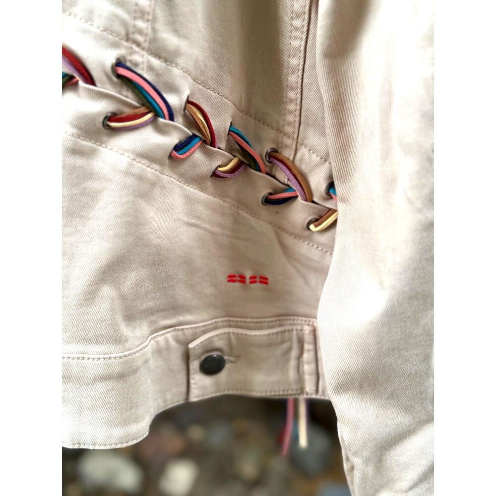 Peace Love World Cotton Beige Denim Jacket MultiColor Baseball Weave Detail SZ L - Picture 9 of 13